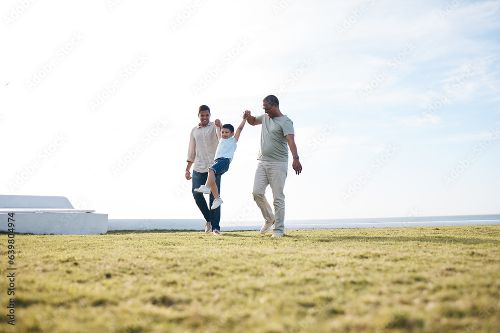 Dad, grandfather and boy with holding hands, playful and swing for bonding, generations or love on g