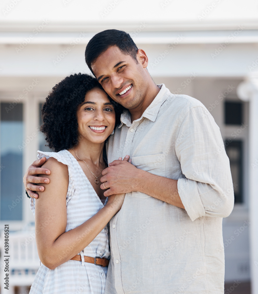 Couple, man and woman smile and hug outdoor in portrait, care and bond with support in marriage for 