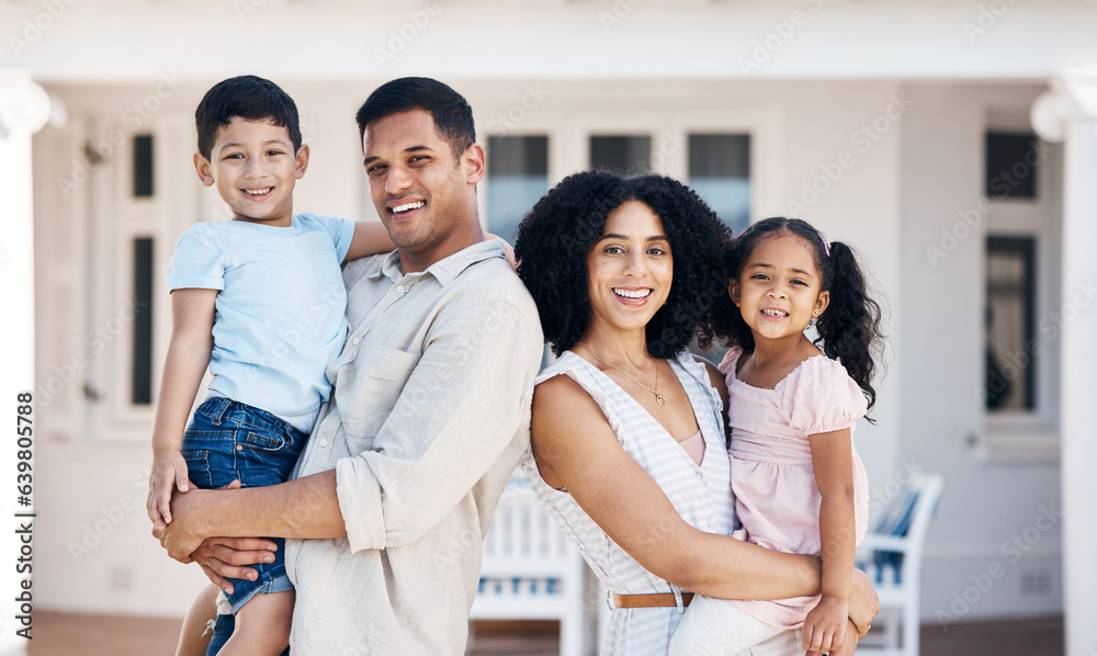 New home, parents and portrait of children for house, property mortgage and real estate investment. 