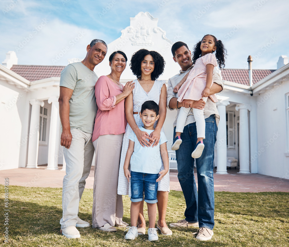 Happy, big family and outdoor portrait together with children, grandparents and mom and dad on vacat