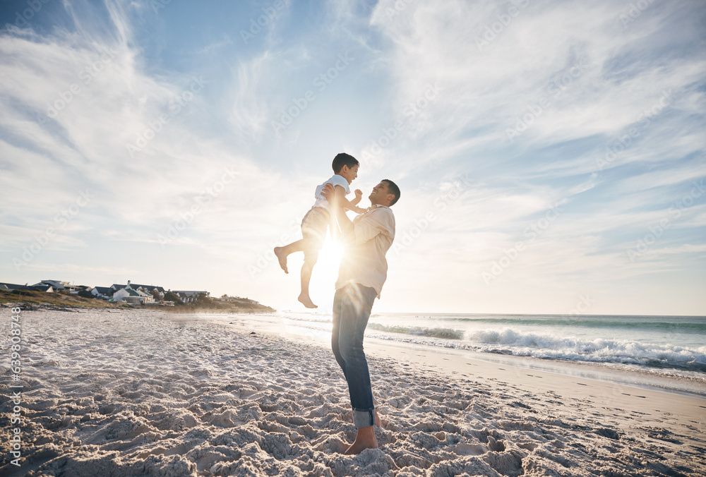 Blue sky, father and child on beach, playing and bonding together on summer vacation in Hawaii. Sand