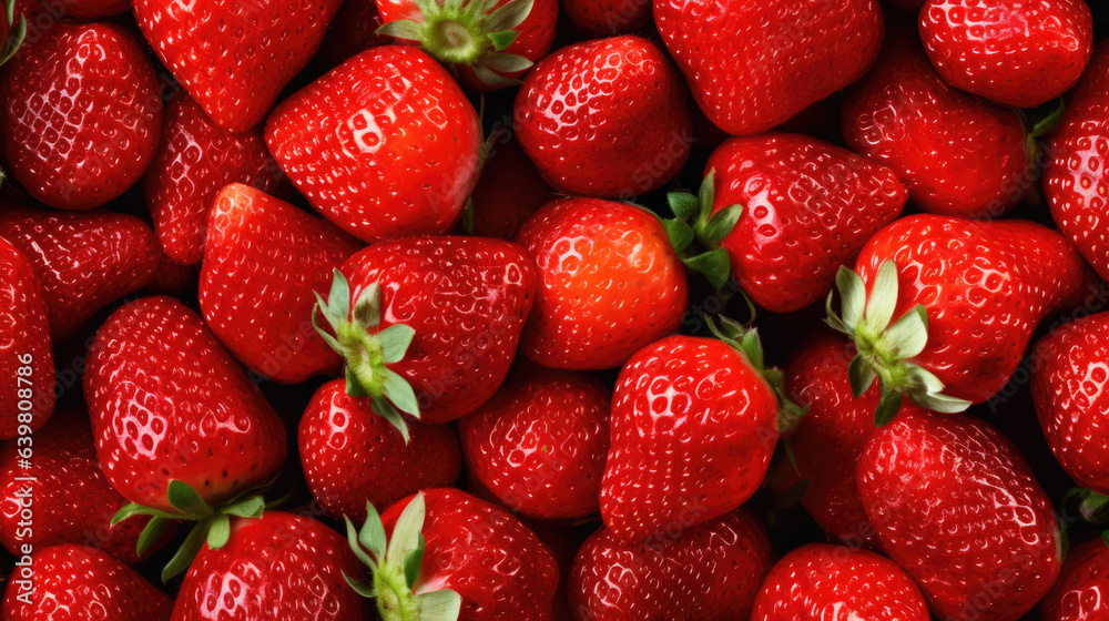 Red ripe strawberries background. Close up, top view.