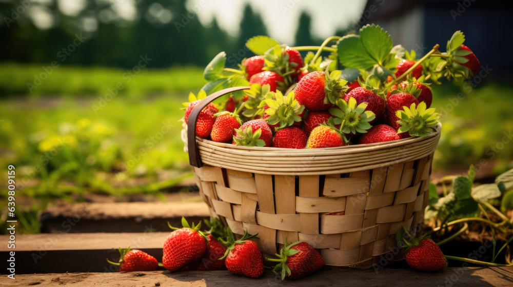 Strawberry field on fruit farm. Fresh ripe organic strawberry in basket