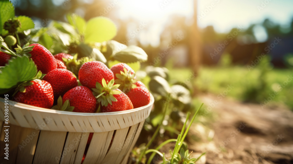 Strawberry field on fruit farm. Fresh ripe organic strawberry in basket