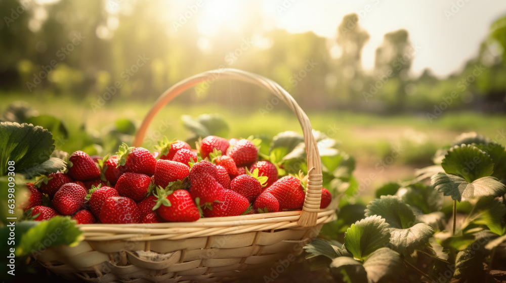 Strawberry field on fruit farm. Fresh ripe organic strawberry in basket