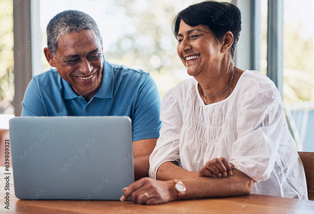 Conversation, laptop and senior couple with communication and bonding in the dining room. Happy, smi