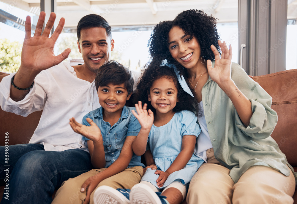 Video call, wave and portrait of a family on a sofa in the living room together for bonding at home.