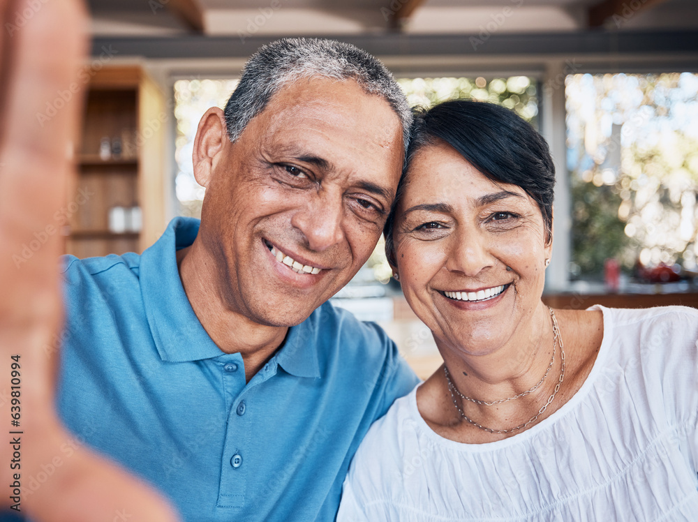 Selfie, happy and portrait of a senior couple bonding together at their modern house on a weekend. S