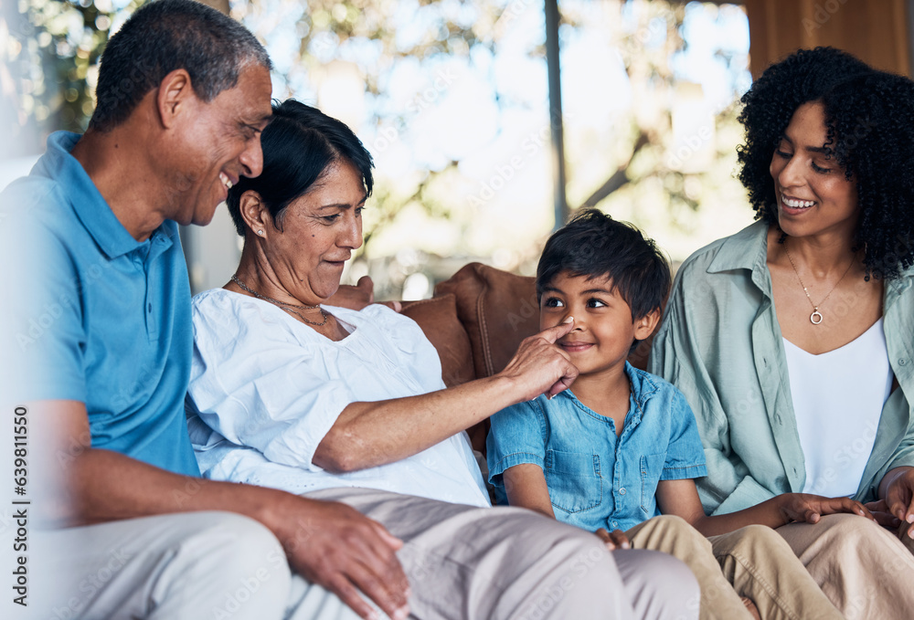 Big family, living room and bonding fun at home with parent love, support and care on a sofa. Parent