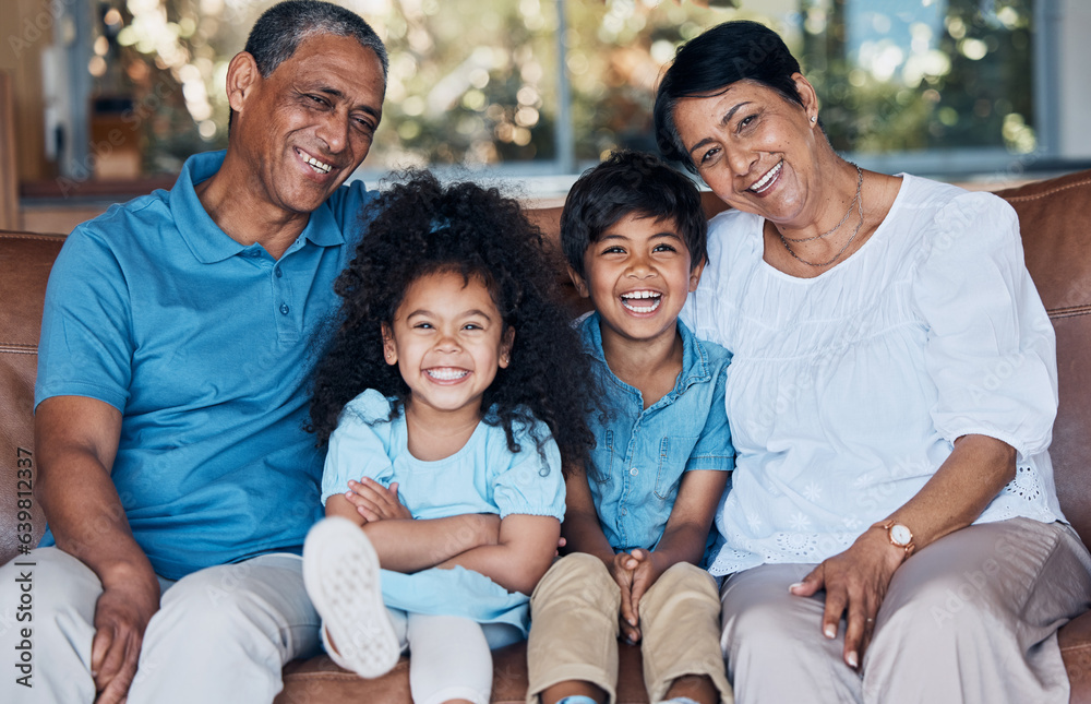 Happy, portrait and grandparents with children on sofa for smile, bonding and peace on holiday. Love