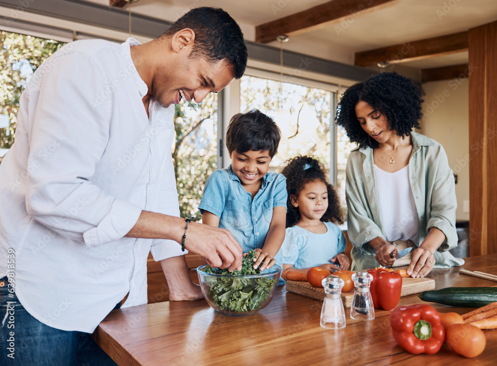 Cooking, health and help with family in kitchen for learning, food and nutrition. Wellness, teaching