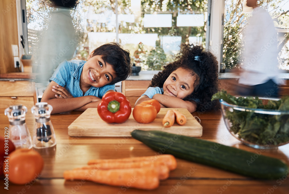 Cooking, health and portrait of children in kitchen for learning, food and nutrition. Wellness, supp