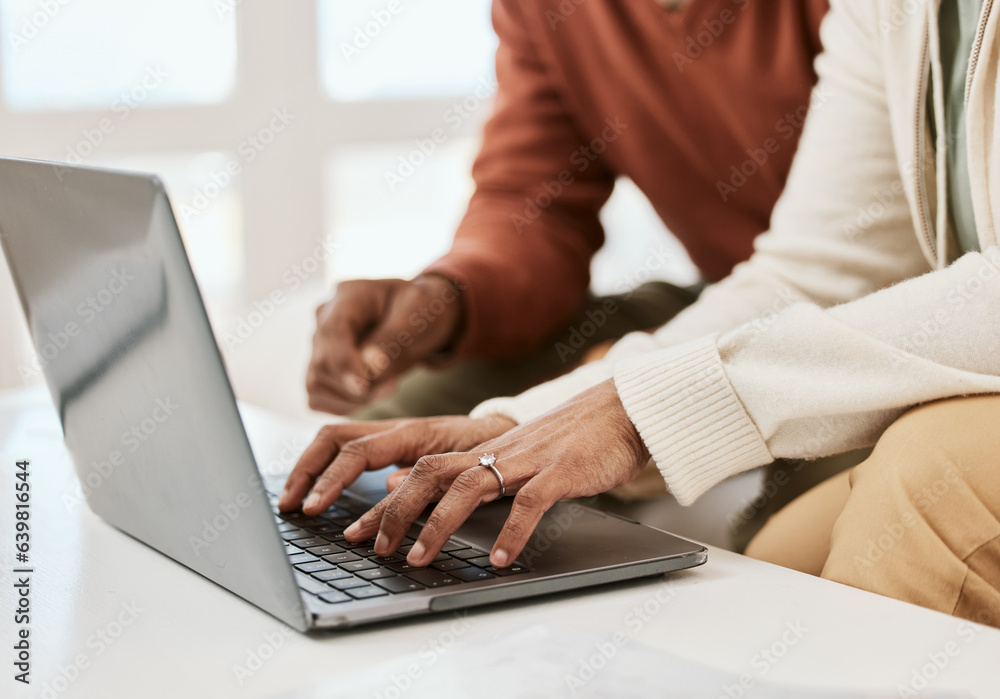 Hands, closeup and a couple with a laptop for internet, connection or research. Table, home and peop