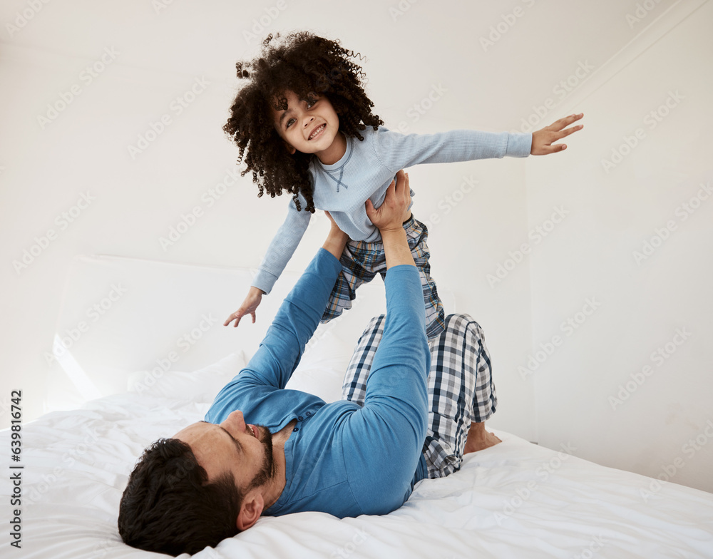 Playing, portrait and a child with a father in the bedroom for flying, happiness and bonding. Smile,