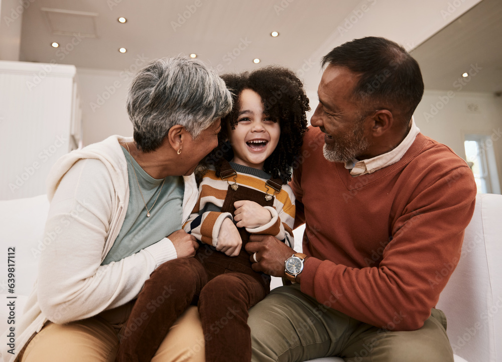 Grandparents love, laugh and happy family child, grandma and grandfather excited, having home fun an