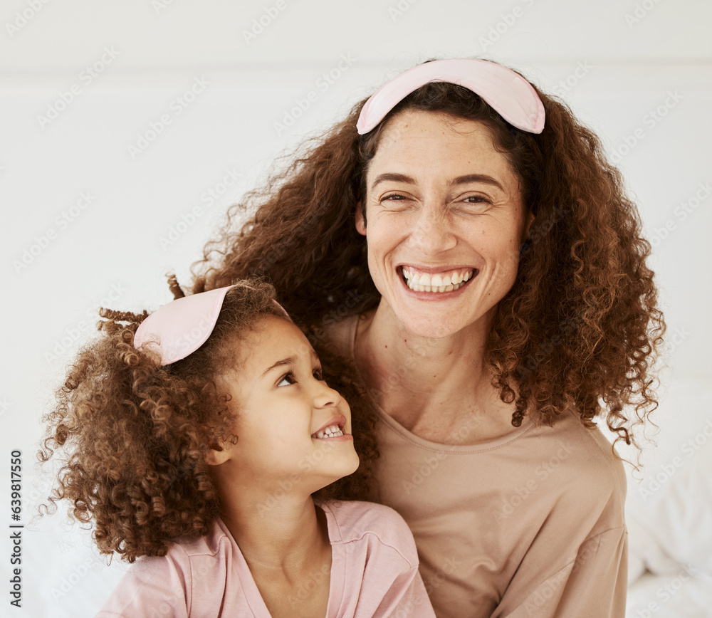 Mom, daughter and sleep mask, happiness and bonding with toddler, love and care in the morning. Woma