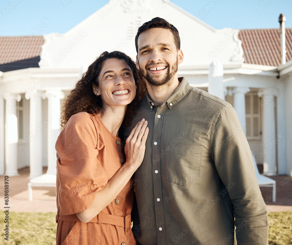 Portrait, couple and hug outdoor of new house, real estate and happy for moving to residential prope