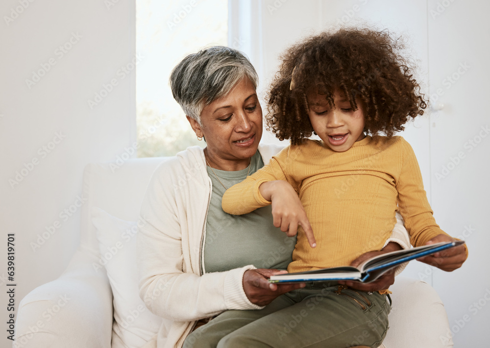 Home, grandmother or child reading book, point or gesture at kindergarten homework, story or study. 