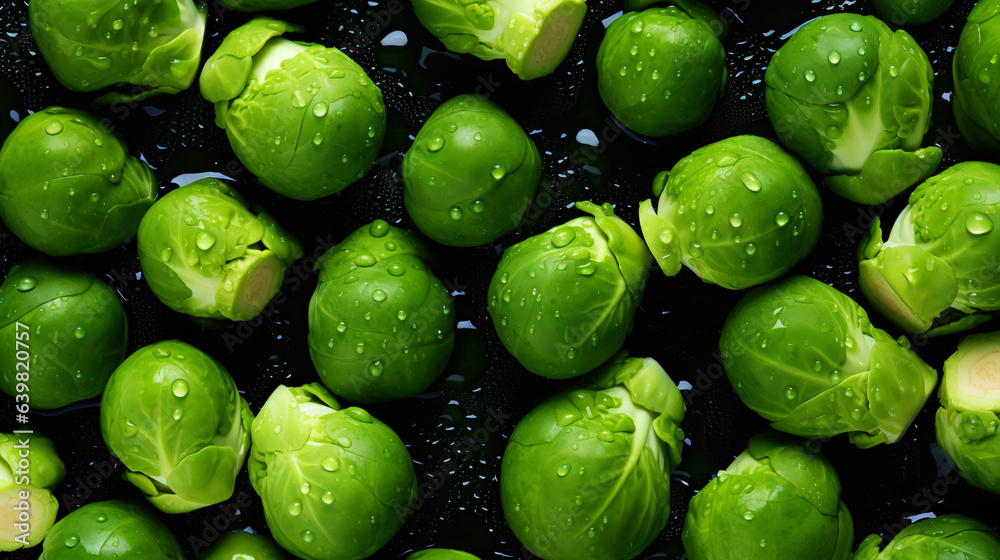 Fresh green brussels sprouts with water drops background. Vegetables backdrop. Generative AI