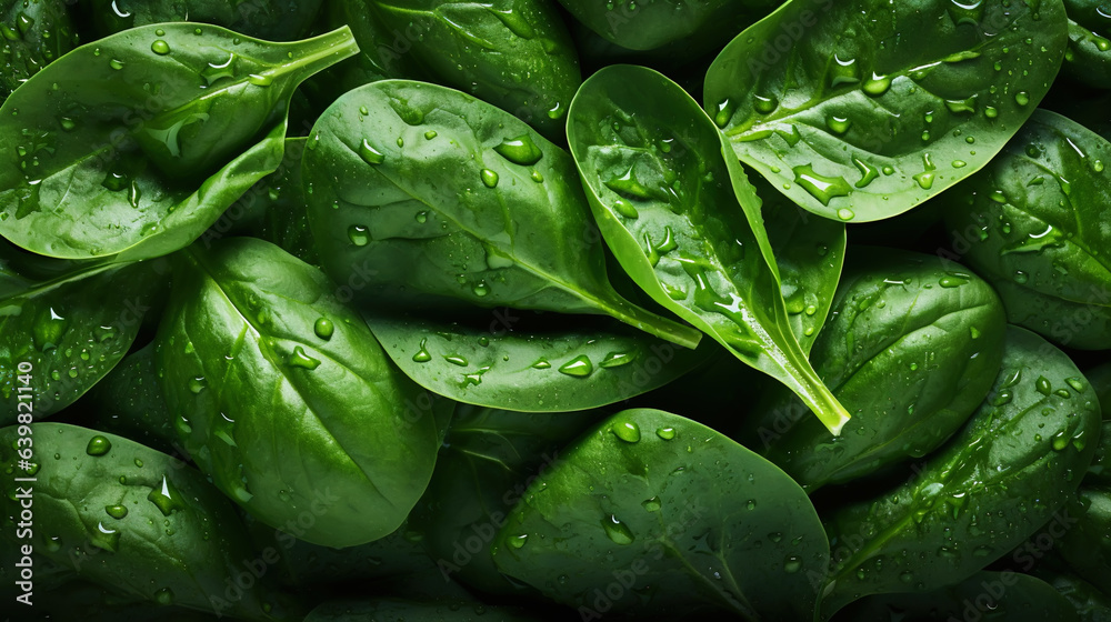 Fresh green spinach leaves with water drops background. Vegetables backdrop. Generative AI