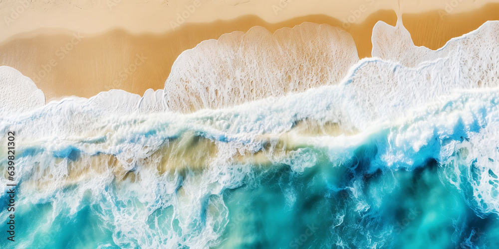 Top view oncoast with ocean waves. Blue water background. Summer seascape from air. Generative AI