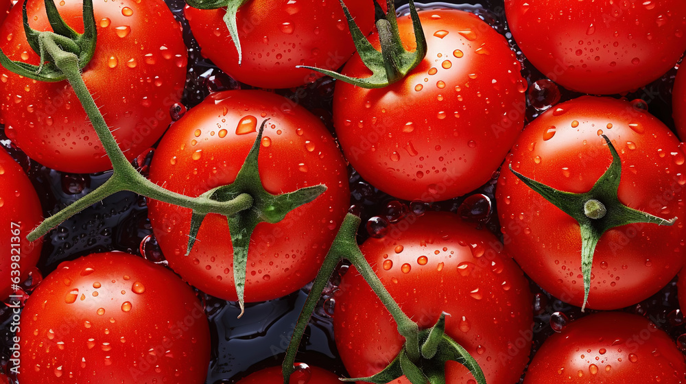 Fresh red tomatoes with water drops background. Vegetables backdrop. Generative AI