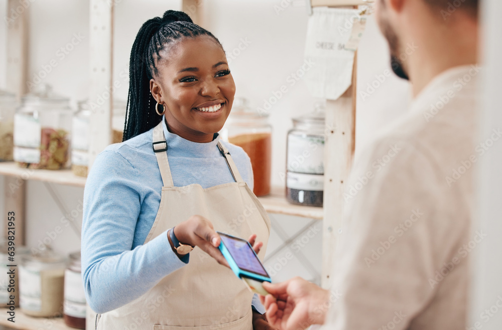 Sustainable shop, woman payment and credit card with store and electronic transaction with small bus