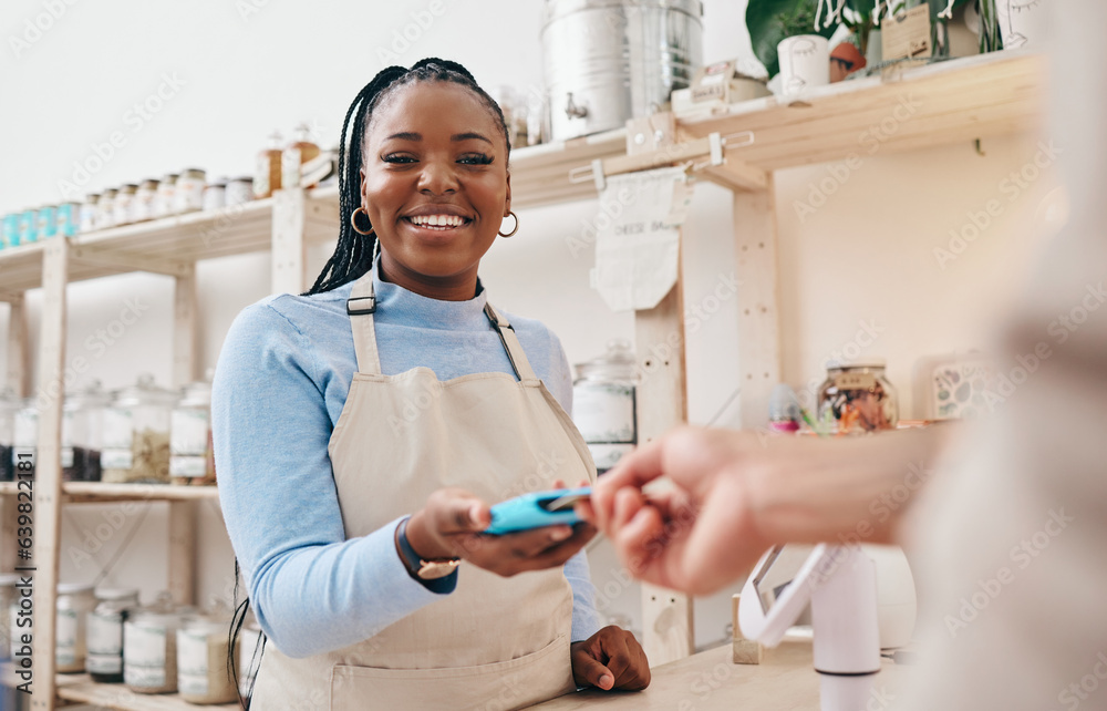 Sustainable store, woman cashier and credit card with shop and electronic transaction with small bus