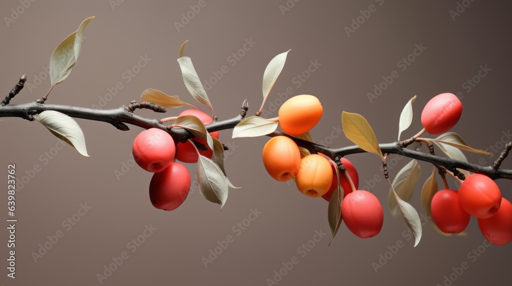 Red berries on a tree branch with leaves. Generative AI