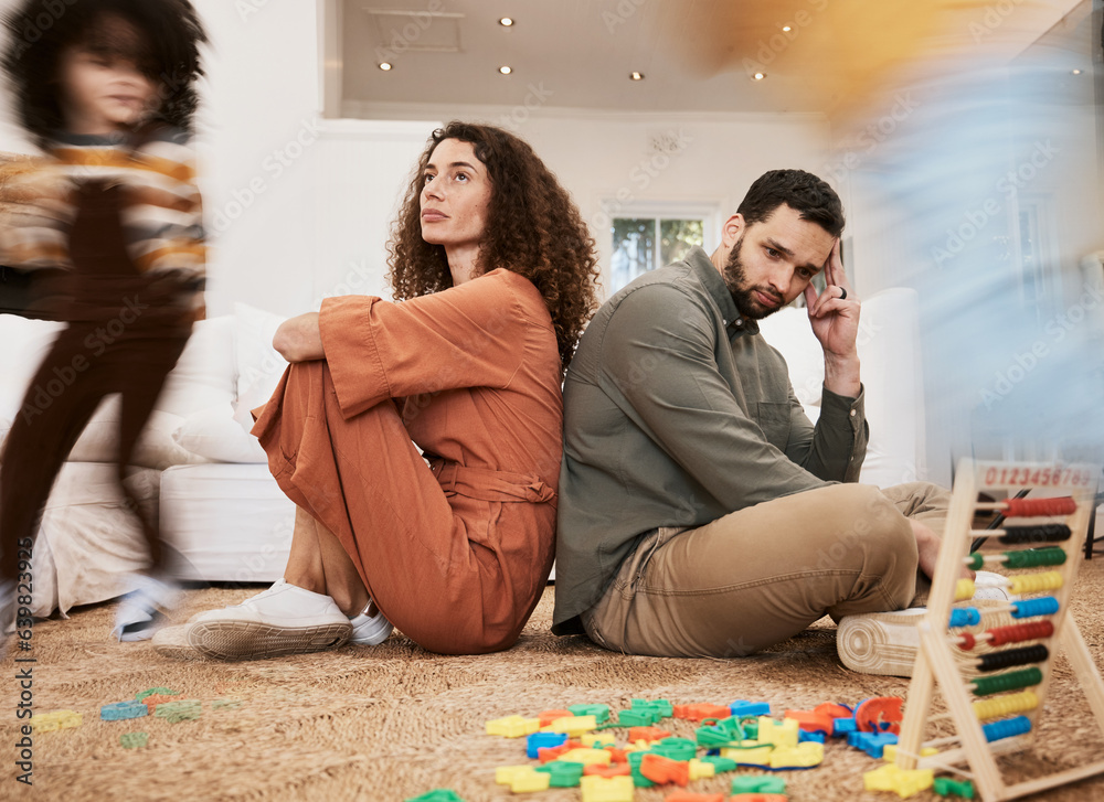 Parents, floor and stress with kid running, toys and motion blur for speed, naughty or overwhelmed i