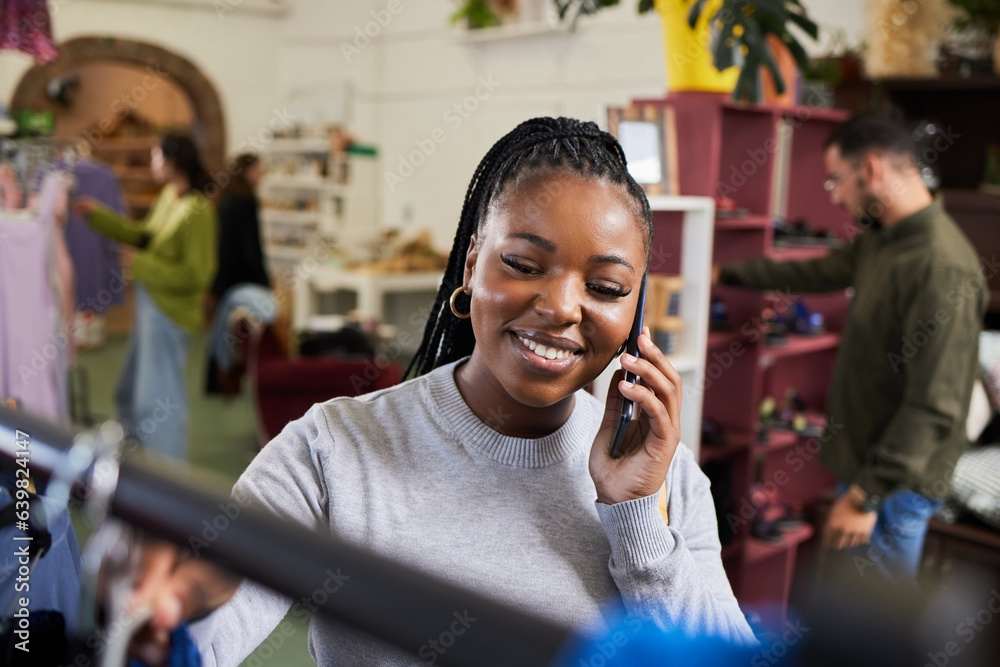 Shopping, woman and phone call for talking fashion at a retail store with sale or discount. Black pe