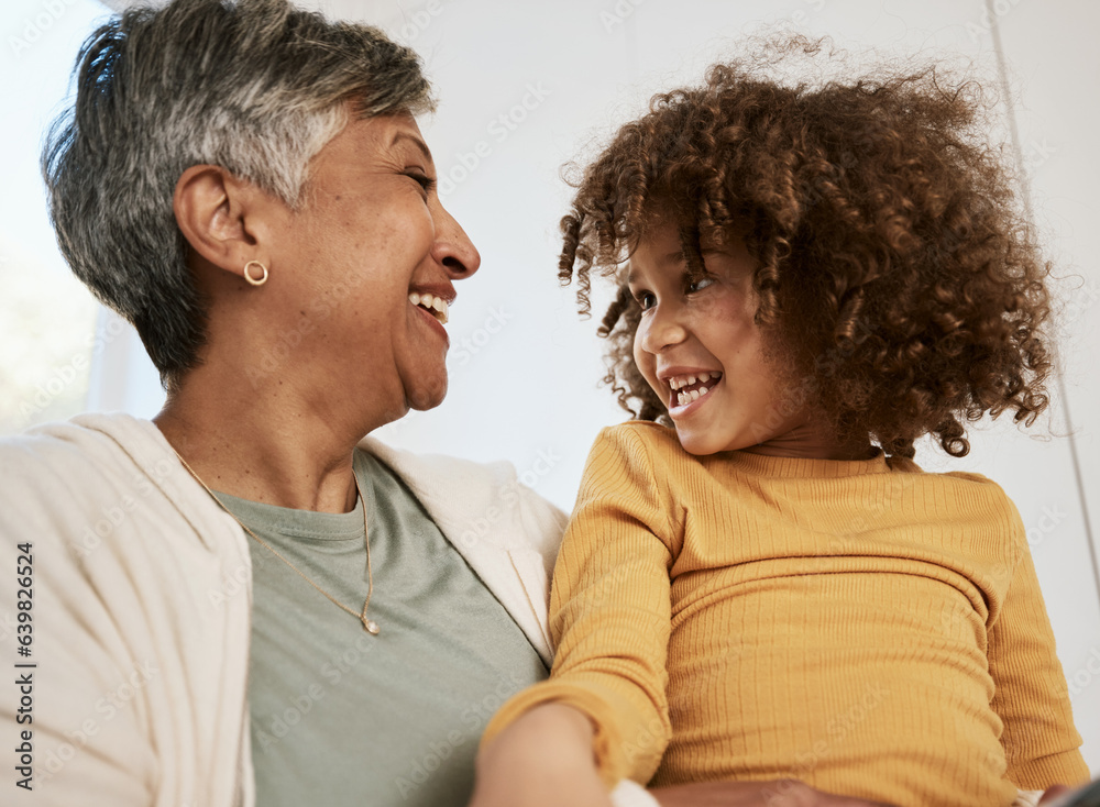 Grandmother, kid and funny laugh in home, bonding for connection and having fun playing together. Gr