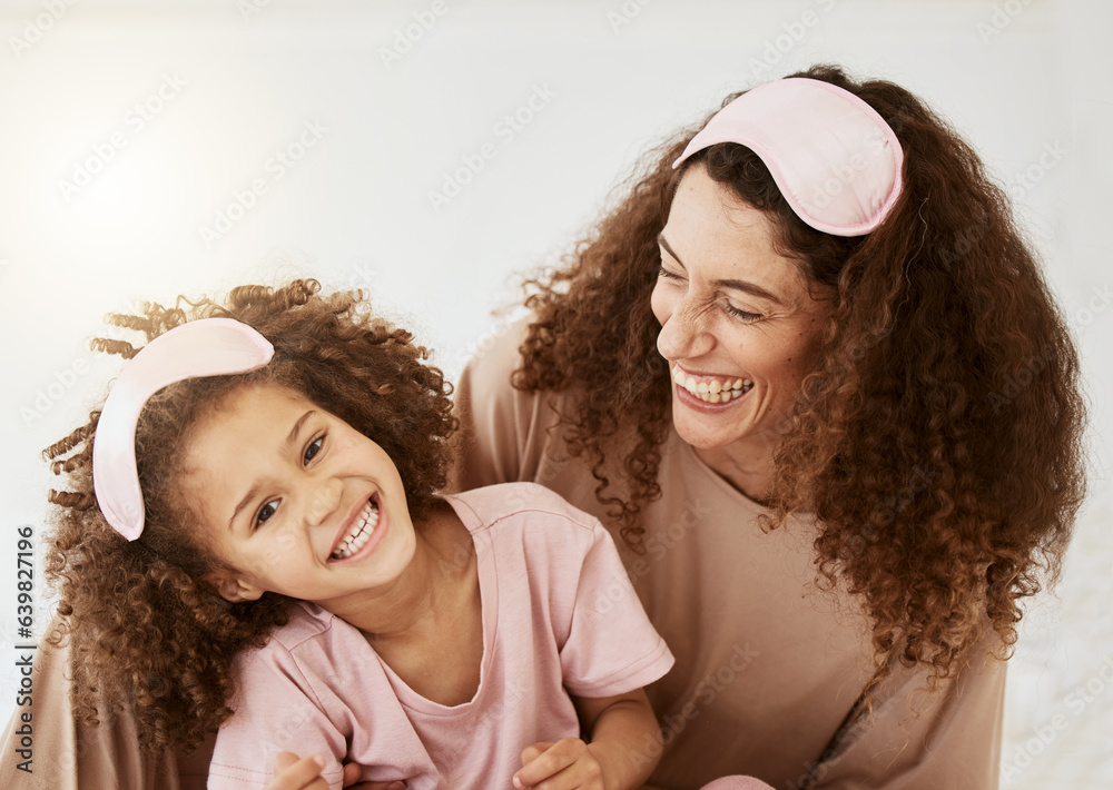 Mother, daughter and sleep mask, happiness and bonding with love, care and laughter in the morning. 