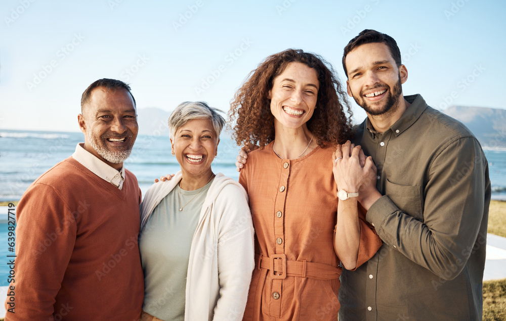 Portrait, couple and elderly parents at beach on holiday, vacation or travel. Face, family men and w