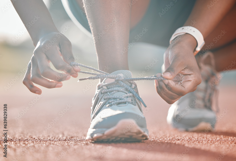 Shoes, hands and tie lace, running and fitness with person on race track, athlete and sports outdoor