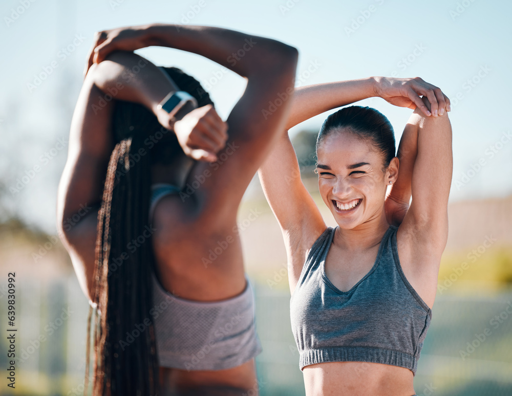 Fitness, friends and stretching, women outdoor with health, ready for workout with muscle and happin