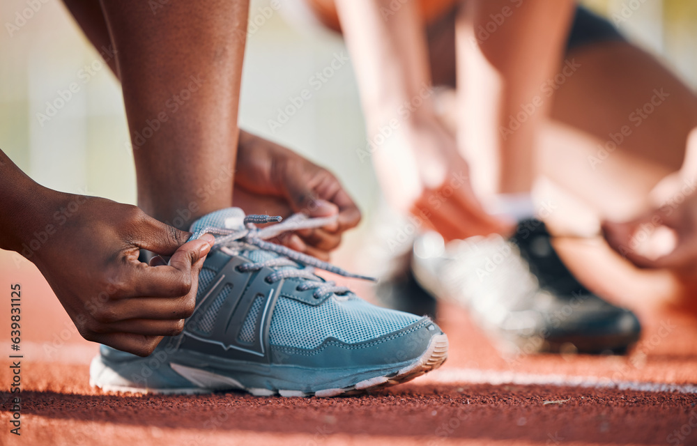 Sneakers, hands and tie lace, running and fitness with people on race track, athlete and sports outd