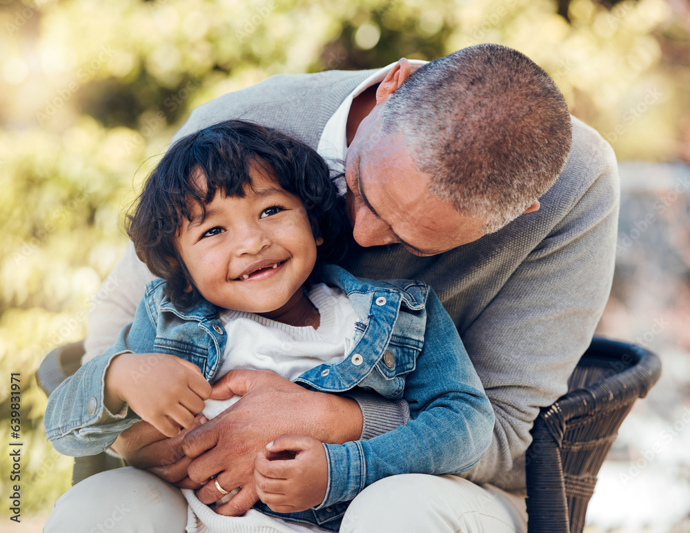 Boy, hug and bonding with senior man in park for fun, support and summer break in nature. Kid, happy