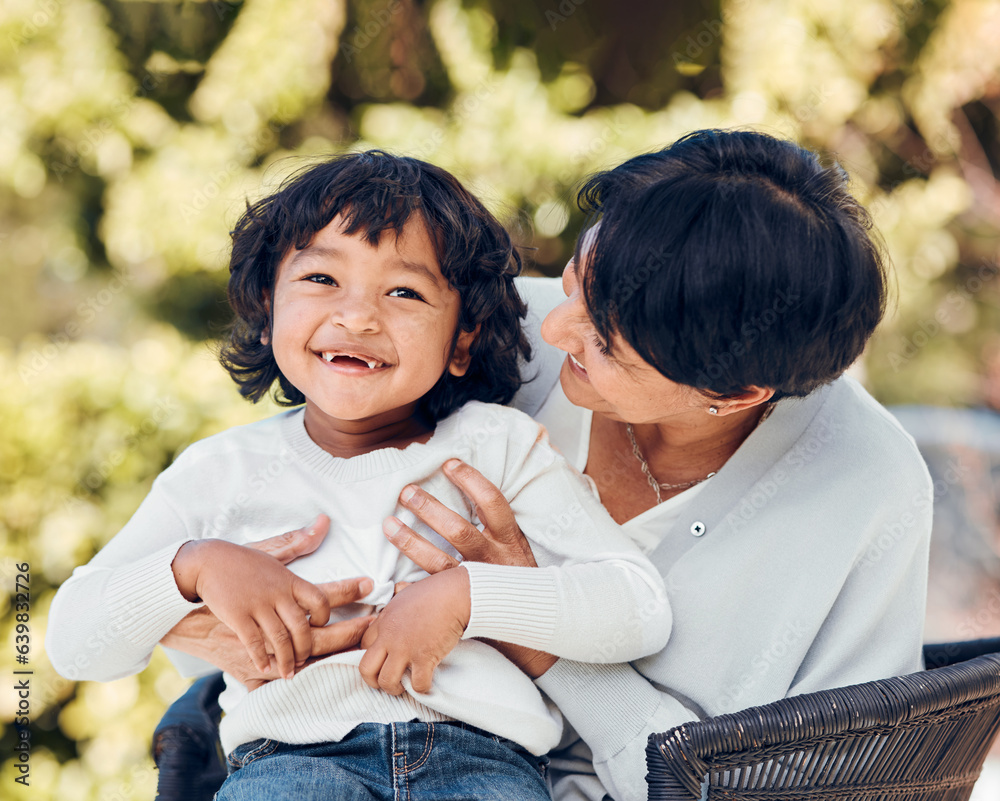 Boy, hug and mature woman in park for bonding, support and summer break in Mexico nature. Kid, happy