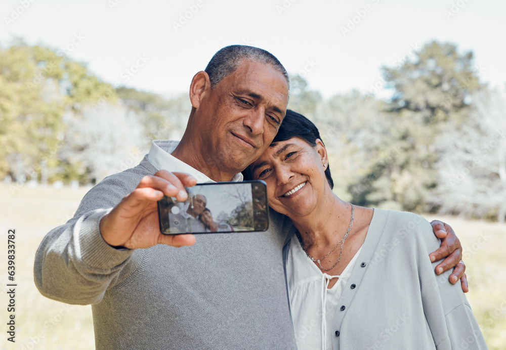 Hug, selfie or old couple in park with love, smile or support with romance, bonding or marriage toge