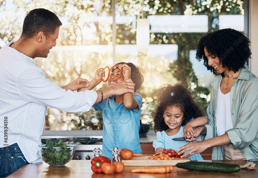 Cooking, health and funny with family in kitchen for learning, food and nutrition. Wellness, support