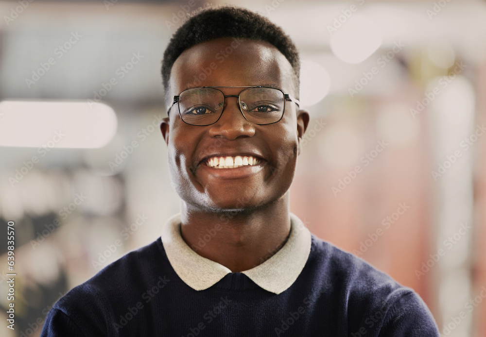 Student, university and portrait of black man for education, learning and excited for future career 