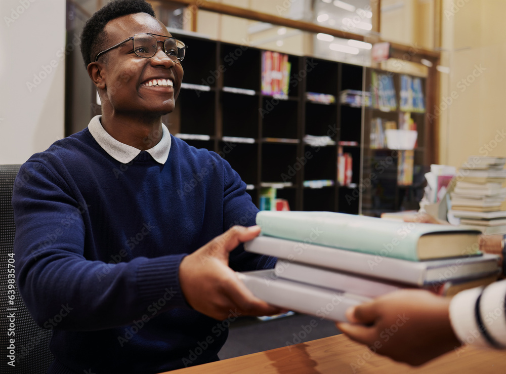 Librarian man, reception desk and books with smile, learning or hands for care, knowledge or adminis