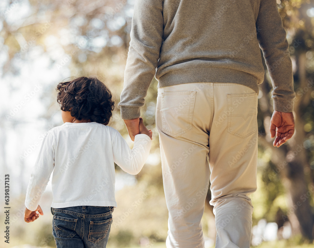 Back, holding hands or kid with a grandfather in park for walking or bonding together family care. P