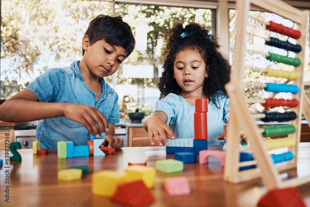 Siblings, children and playing building blocks for development, learning and growth on table in kitc