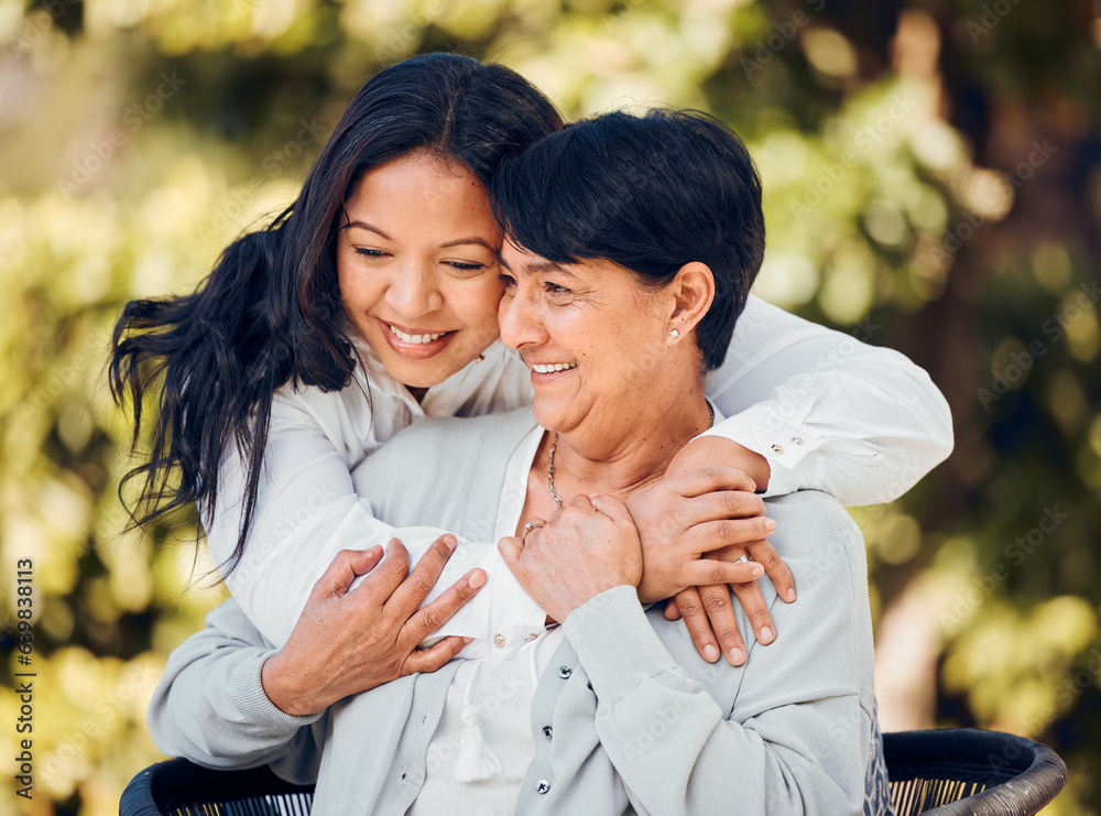 Woman, hug and mature mother in garden with love on mothers day or women bonding with care for mom i