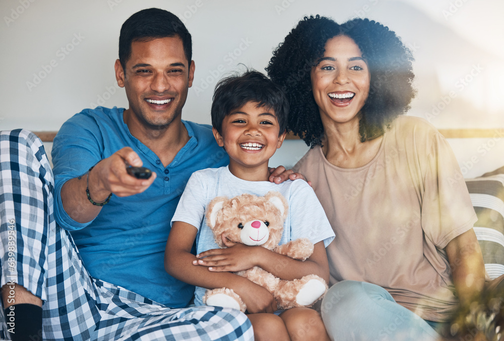 Happy, morning and a family watching tv on bed in their home together for streaming or entertainment