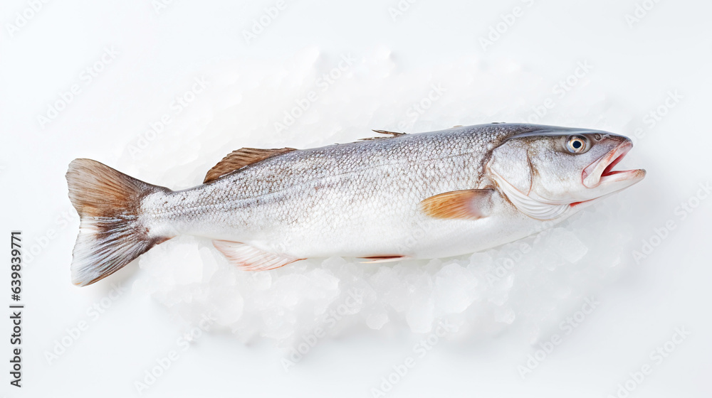 Fresh raw cod fish on ice. Seafood background. Generative AI