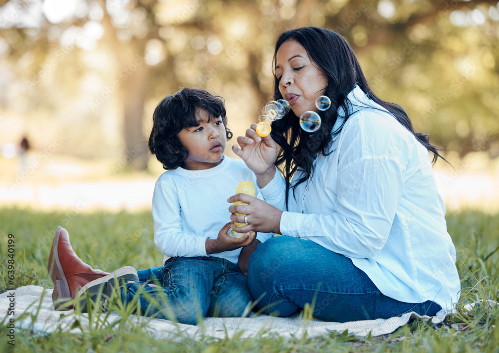 Bubbles, nature and mother with child on a picnic for bonding time together on grass in summer. Happ