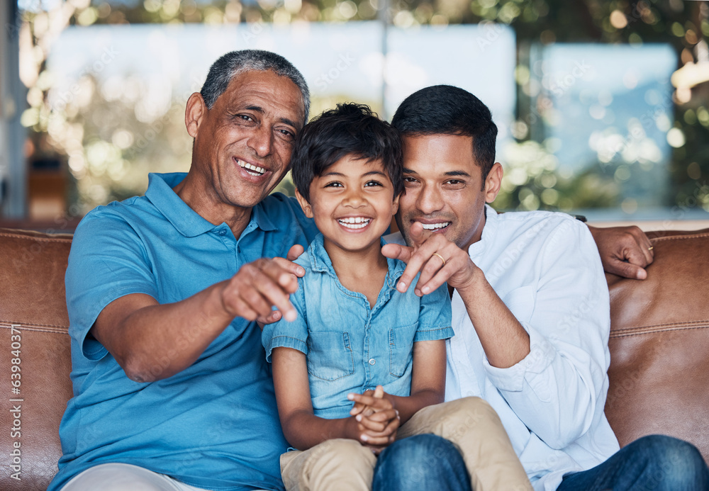 Grandpa, father and boy on sofa, portrait and smile with care, love and bonding in family home. Dad,